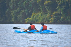 Two men enjoying a kayaking adventure on a tranquil river surrounded by lush greenery.